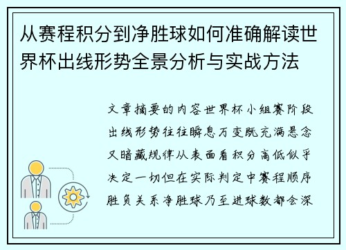 从赛程积分到净胜球如何准确解读世界杯出线形势全景分析与实战方法 从赛程积分到净胜球如何准确解读世界杯出线形势全景分析与实战方法