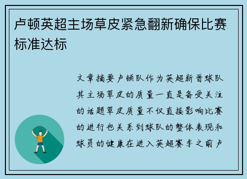 卢顿英超主场草皮紧急翻新确保比赛标准达标 卢顿英超主场草皮紧急翻新确保比赛标准达标